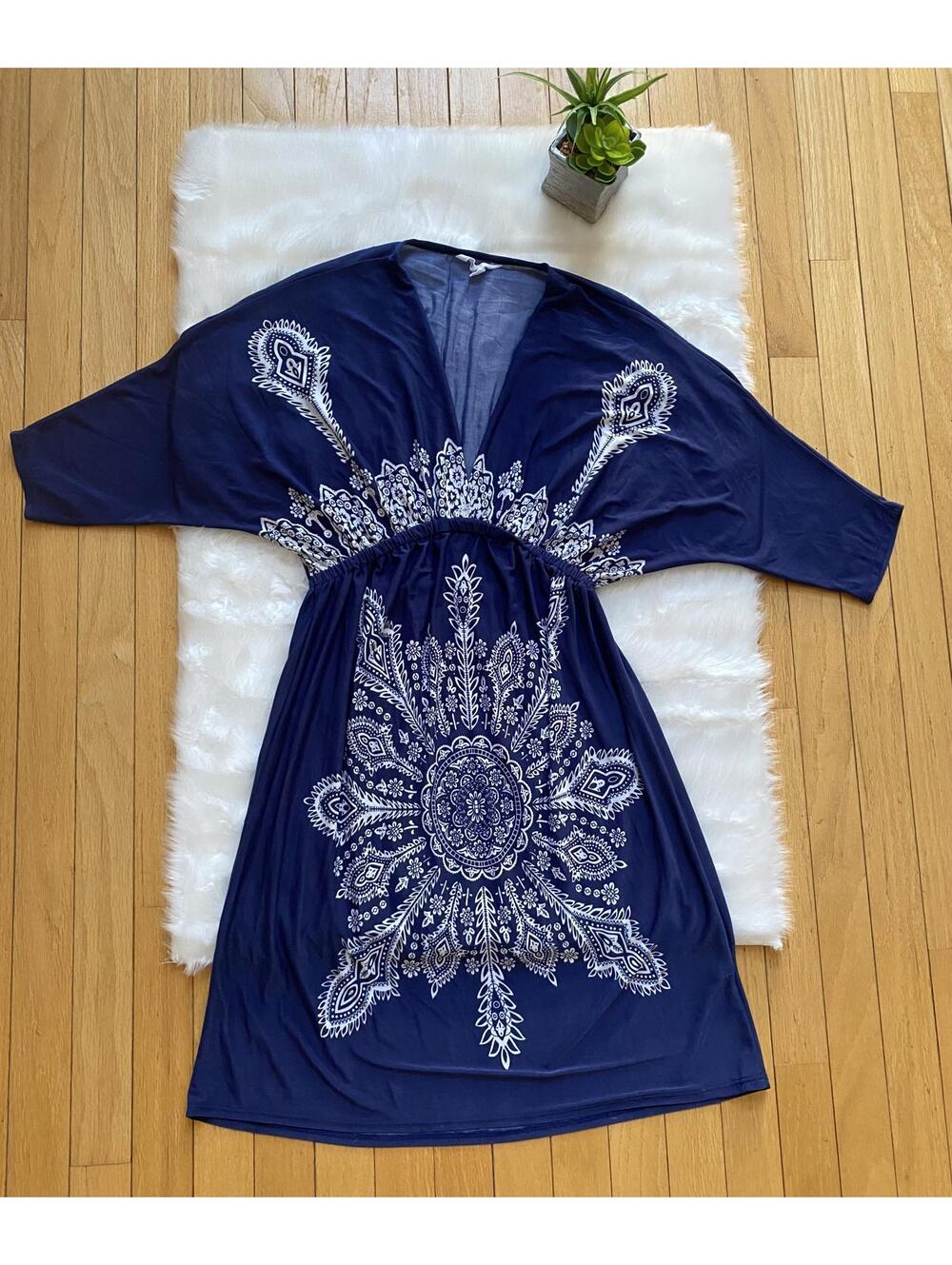 Navy Blue Midi Dress with White Floral Pattern, Size XL